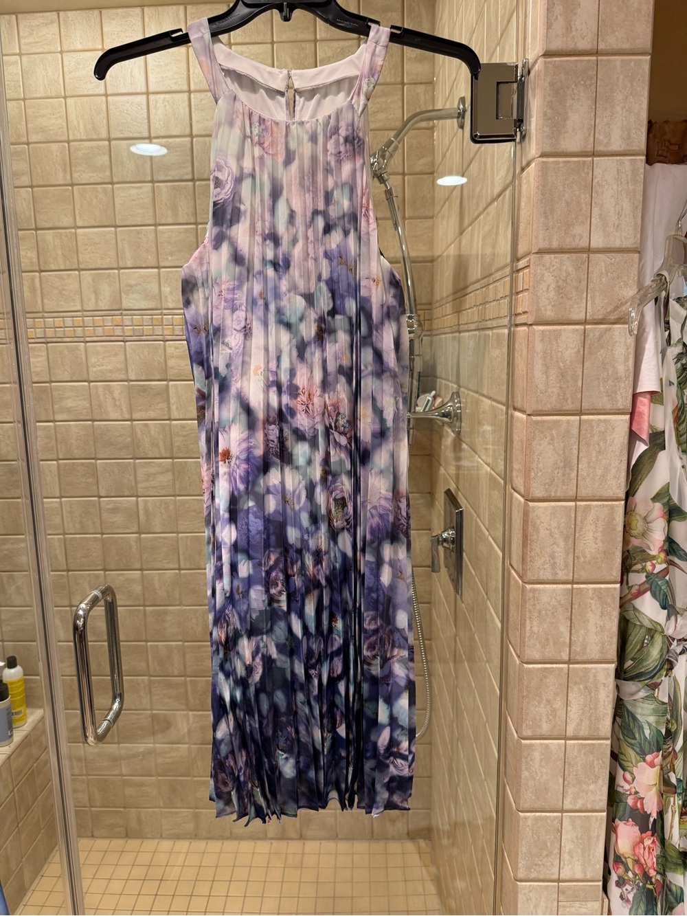 Adrianna Papell Lavender and Navy Watercolor Pleated Halter Dress & Purple Cardi